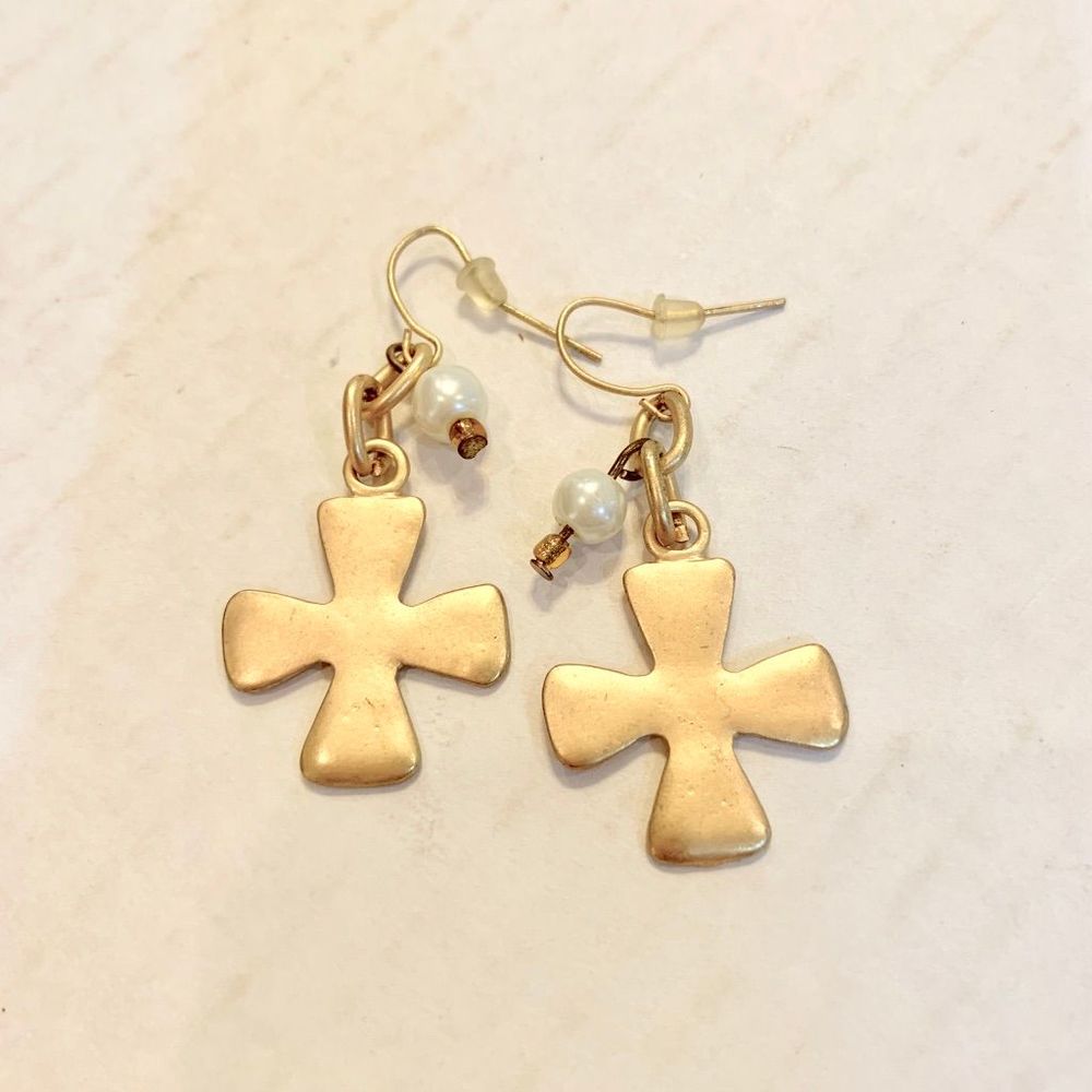 Gold Tone Cross Shape Earrings with Pearl Drops